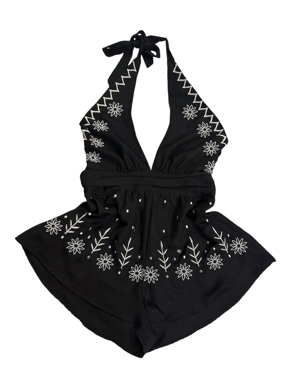 SHEIN Black Halter Embroidered Romper with White Floral Detail